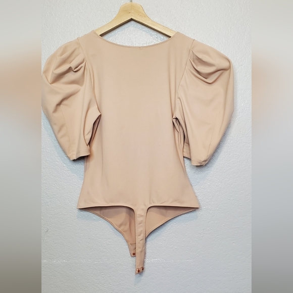 Free People Va Va Voop Knit Deep V-Neck Ruched Puffed Sleeve Thong Bodysuit Pink - Picture 5 of 5